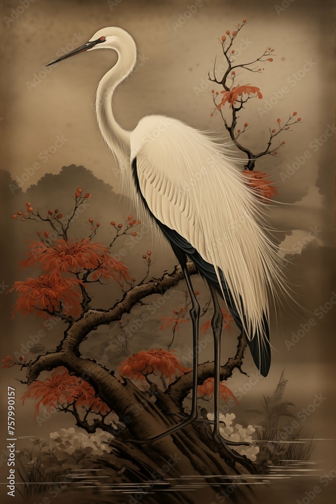 Fototapeta premium a crane in a blooming garden poster in Asian style