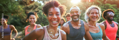 Multiracial Group Laughing and Jogging Together in Nature