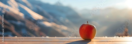 A minimalist composition featuring a single apple placed on a wooden tabletop, casting a soft shadow against the blurred backdrop of snowy mountains