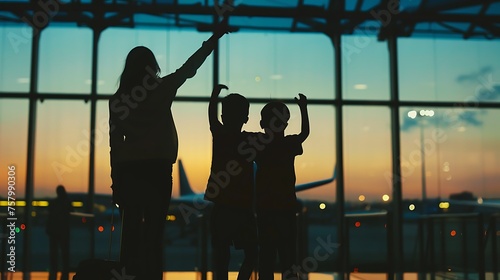 The image shows a mother and her two children standing in an airport, with the sun setting outside the window. They are all looking up at the plane. photo