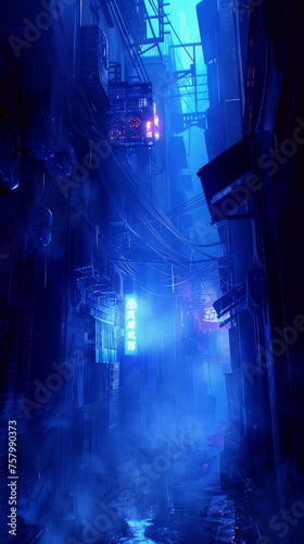 Ambiance illuminated by neon lights and mist for a mysterious product showcase.