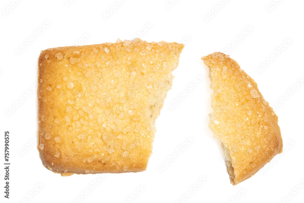 Broken of danish butter cookies the finnish bread cookie top view isolated on white background clipping path