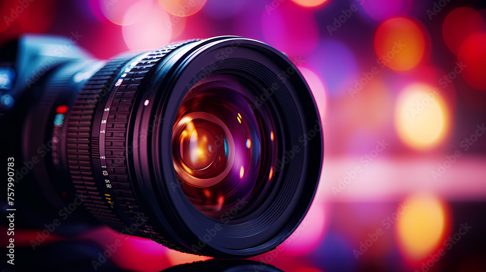 Professional camera lens with colorful bokeh lights