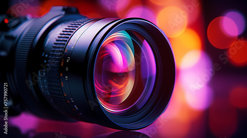 Professional camera lens with colorful bokeh lights