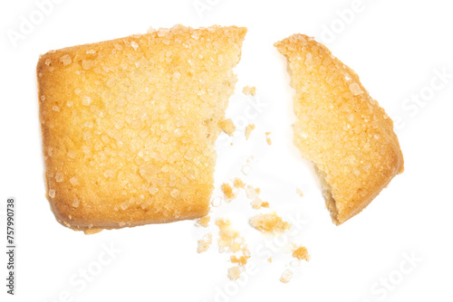 Crashed of danish butter cookies the finnish bread cookie with crumble top view isolated on white background clipping path