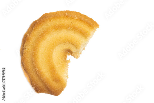Broken of danish butter cookies the vanilla ring cookie top view isolated on white background clipping path