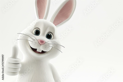 3D rendering of a cute happy easter bunny character smiling and showing a thumbs up gesture isolated on a white background