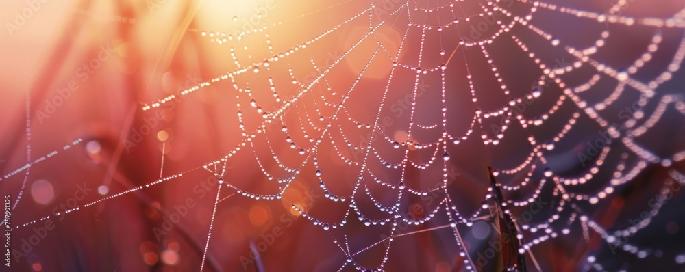A macro shot of dewdrops on a spider web at dawn, showcasing the intricate beauty of nature in detail A macro shot of dewdrops on a spider web at dawn, showcasing the intricate beauty of nature in detail