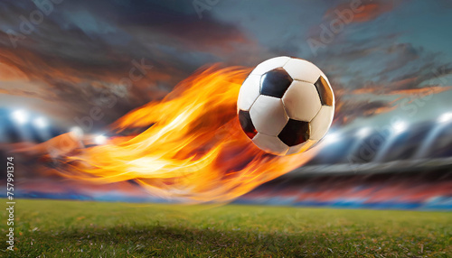 Soccer ball in flames, soccer match in a stadium, motion blur