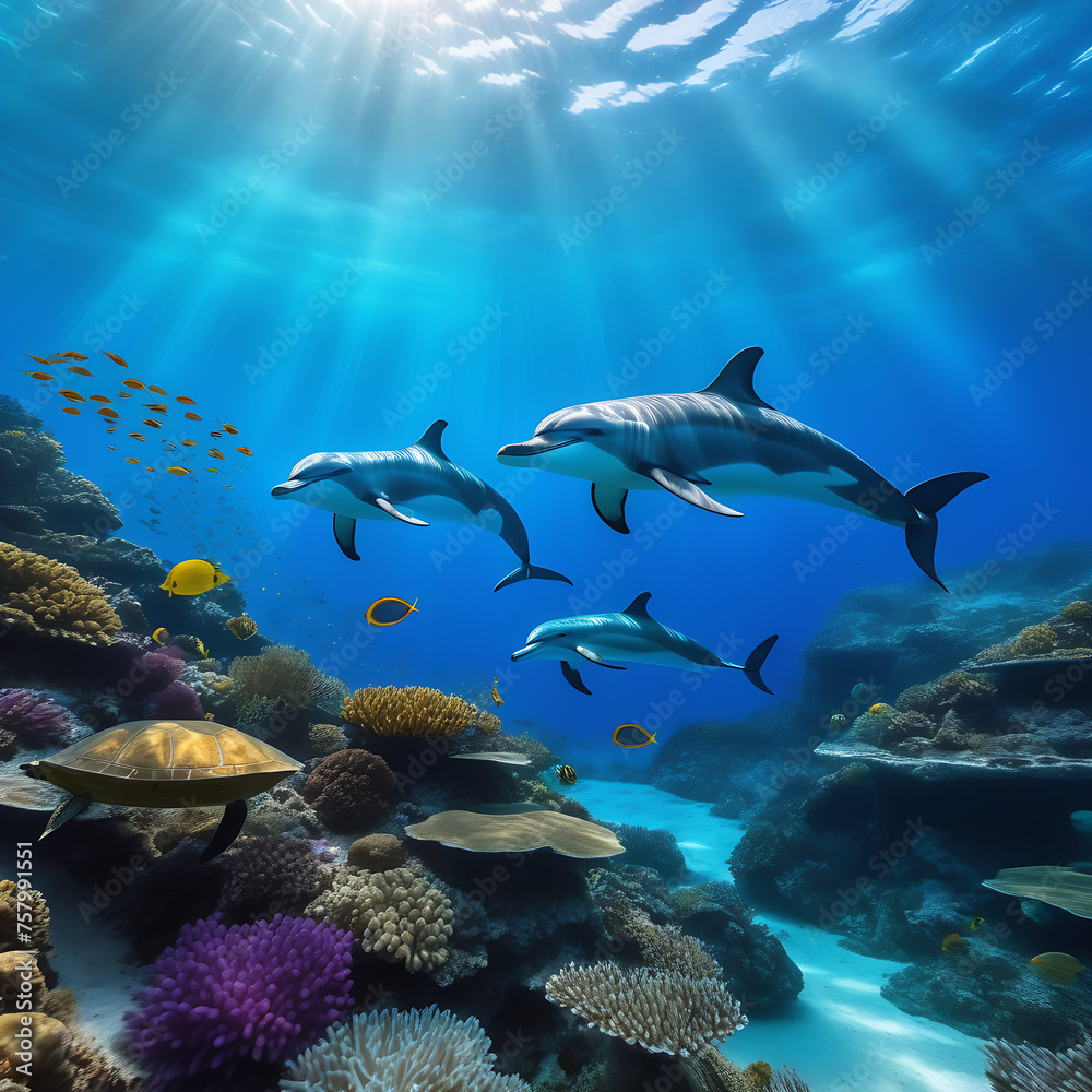 Dolphin on the ocean floor. undersea world Dolphin on the ocean floor. undersea world