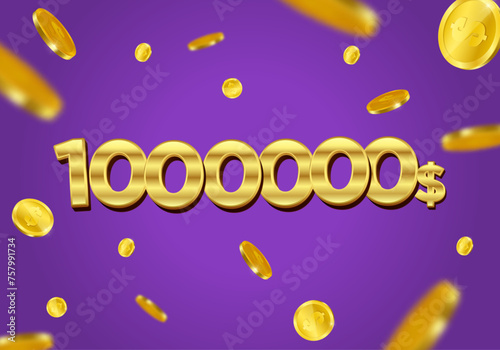 1000000 Dollar gift or offer poster with flying gold coins. One Million Dollars coupon voucher, cash back banner special offer, casino winner. Vector illustration.