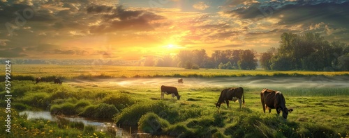 Cows grazing at sunset in a serene countryside field.
