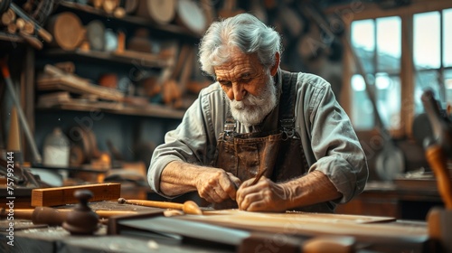 Skilled craftsman meticulously shaping wood in a well-lit workshop