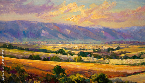 An impressionist style oil painting of English landscape and mountain scenes at sunset
