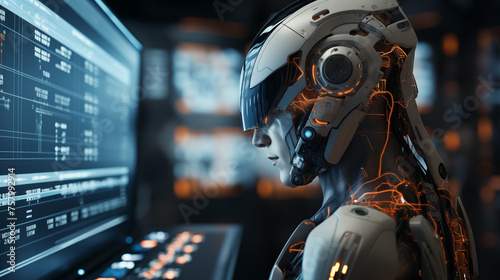 Side profile cyborg analyzing data on screen ai generated image background. Robotic head with glowing circuits close up picture. Futuristic closeup photo backdrop. AI analytics concept photography