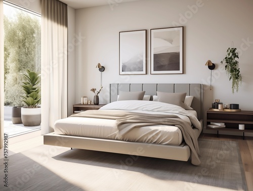  modern bedroom that serves as a sanctuary of calm and minimalist luxury. This space is designed with a refined aesthetic, featuring a monochromatic color scheme with subtle textures and sophisticated © Firses