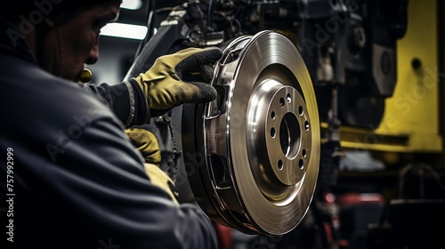 Skilled mechanic replacing brakes on a vehicle as part of regular maintenance service