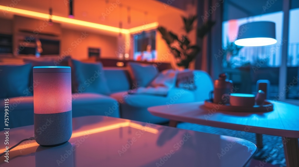 Fototapeta premium Smart home environment with voice assistants, automated lighting, and security for a connected living experience.