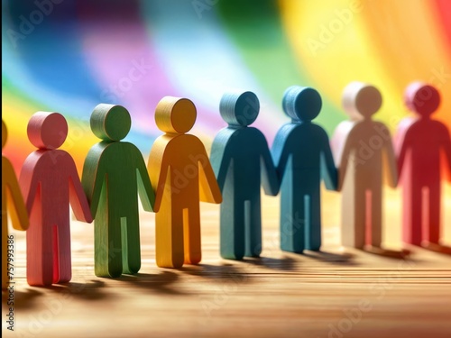 Group of colorful people figures on a wooden table over a rainbow background