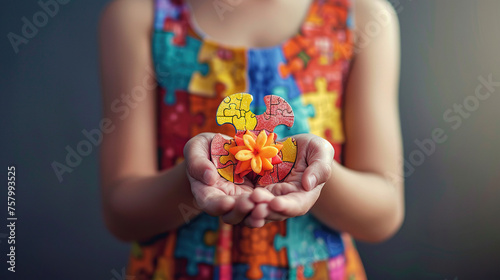 World autism awareness day card or banner, autistic kid holding colorful flower made of puzzle in hands, the concept of autism spectrum disorder in teens