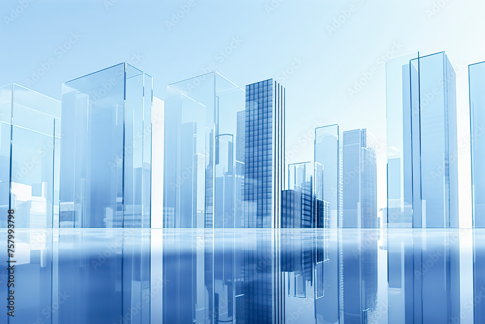 serene, blue-toned image of transparent and reflective buildings against a clear sky, creating a futuristic cityscape