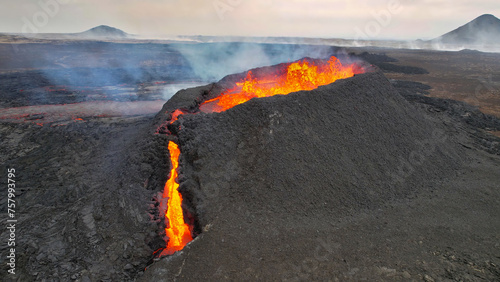 Fagradalsfjall, Hot lava and magma coming out of the crater, on the Reykjanes Peninsula, Iceland, Aug 2023