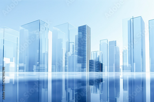 serene  blue-toned image of transparent and reflective buildings against a clear sky  creating a futuristic cityscape