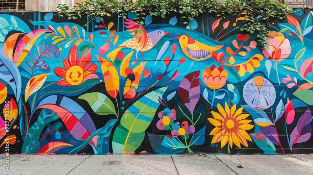 A vibrant mural on an urban wall, celebrating street art and community expression in a colorful city neighborhood