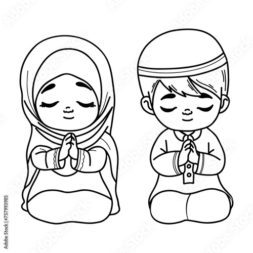 Cute praying Islamic children girl and boy. Religious ethnic believer little child character on his knees with folded hands in prayer. Vector illustration. Isolated outline hand drawings.