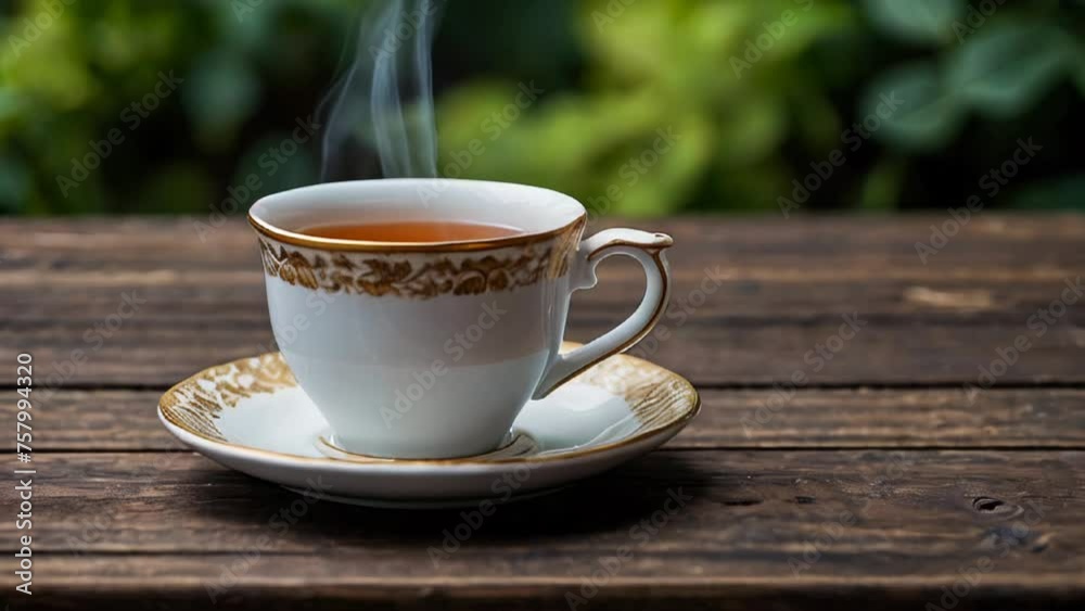A steaming cup of tea rests serenely on a rustic wooden table, evoking a sense of warmth and tranquility A steaming cup of tea rests serenely on a rustic wooden table, evoking a sense of warmth and tranquility