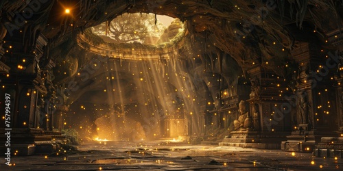 Mystical Underground Temple Lit by Fireflies its halls chambers illuminated by thousands of fireflies. The natural light reveals ancient with magical atmosphere created with Generative AI Technology