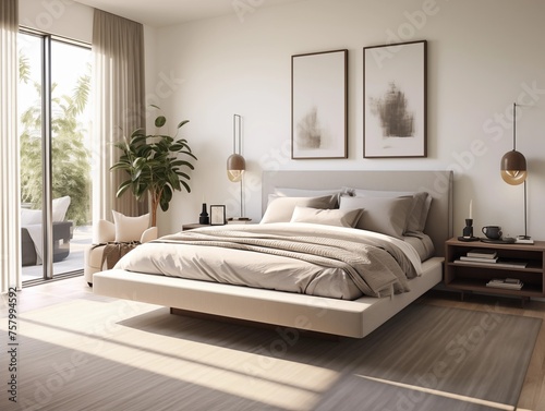  modern bedroom that serves as a sanctuary of calm and minimalist luxury. This space is designed with a refined aesthetic, featuring a monochromatic color scheme with subtle textures and sophisticated