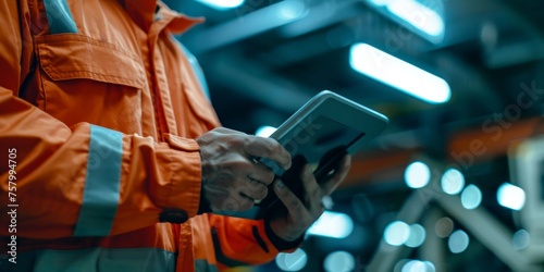 A man in an orange jacket is holding a tablet in his hand
