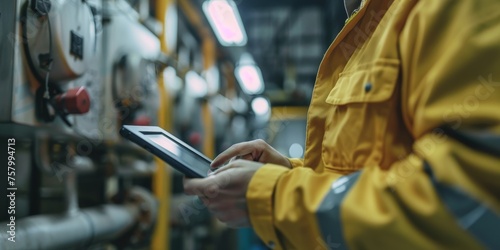 A person in a yellow jacket is holding a tablet and looking at it