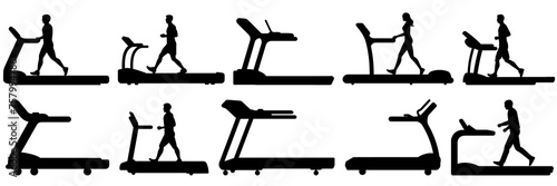 Gym fitness treadmill silhouettes set, large pack of vector silhouette design, isolated white background