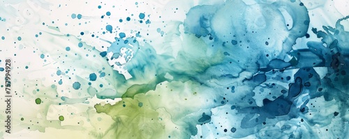 Watercolor sky background with blue, green, white