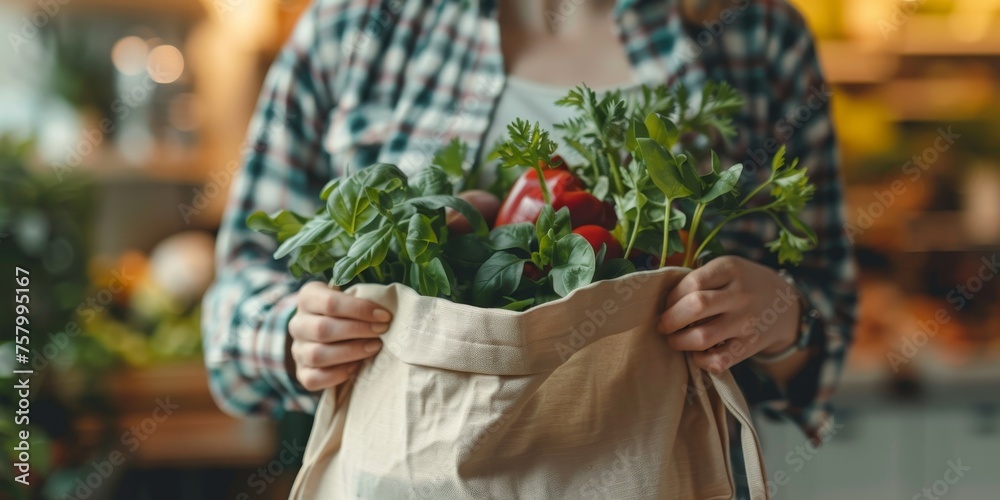 A woman is holding a bag of vegetables