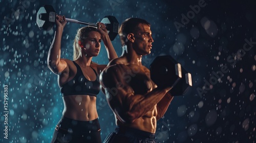 Man and woman lifting weights, dark backdrop. © vadymstock