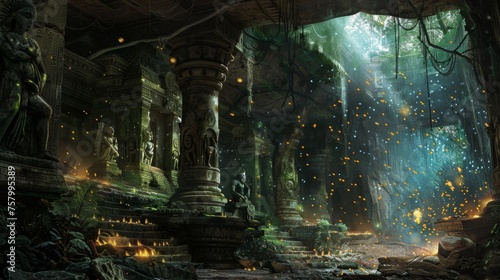 Mystical Underground Temple Lit by Fireflies its halls chambers illuminated by thousands of fireflies. The natural light reveals ancient with magical atmosphere created with Generative AI Technology © Sentoriak