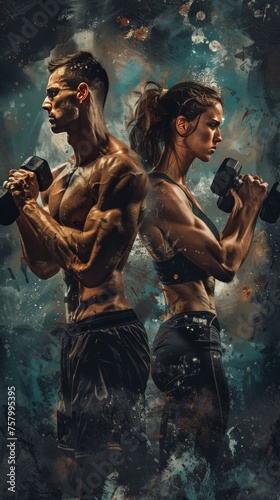 Man and woman lifting weights, dark backdrop.