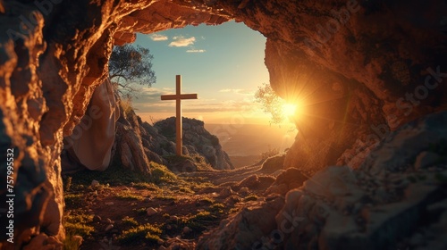 Sunrise at empty tomb with shroud and crucifix, symbolizing resurrection.
