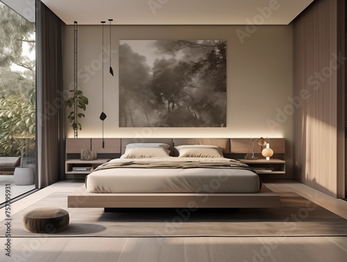  modern bedroom that serves as a sanctuary of calm and minimalist luxury. This space is designed with a refined aesthetic, featuring a monochromatic color scheme with subtle textures and sophisticated