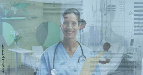Image of infographic interface, smiling biracial female doctor with notepad standing in hospital
