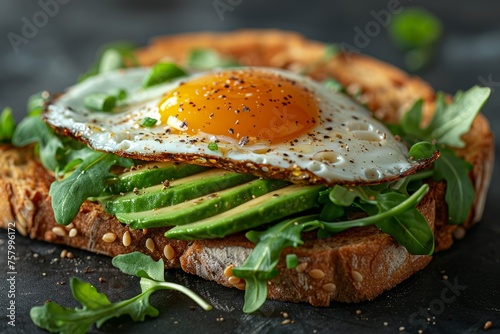 Hearty breakfast with rustic avocado and poached egg on toast.