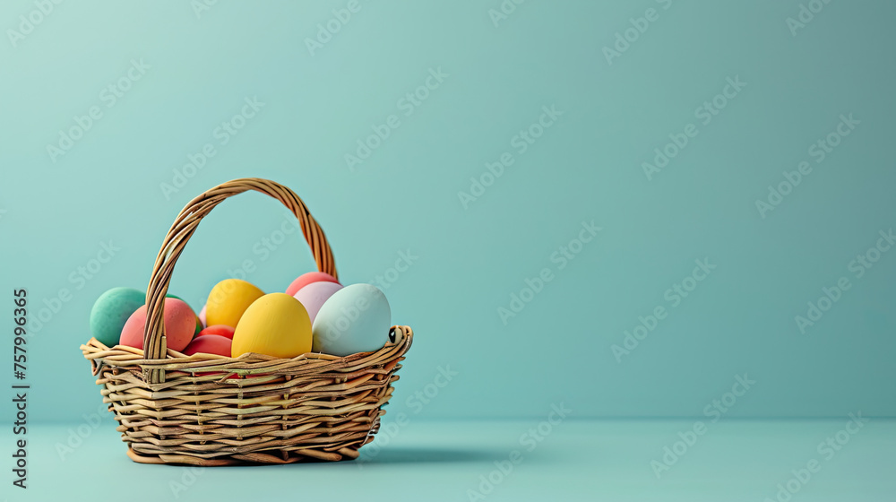 easter eggs in basket on pastel blue background easter eggs in basket on pastel blue background