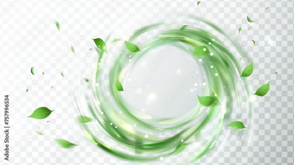 Flying mint leaves and abstract wind swirls isolated on transparent background. Modern realistic illustration of air vortex and wave. - obrazy, fototapety, plakaty 