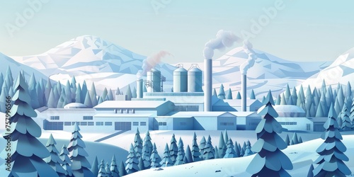 A snowy landscape with a factory in the background