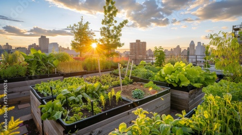 Sunset rooftop garden in the city, with sustainable vegetable and plant containers.