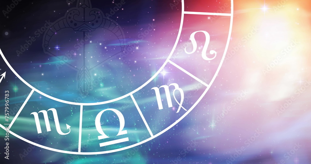 Obraz premium Composition of sagittarius star sign symbol in spinning zodiac wheel over glowing stars