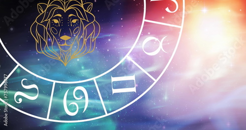 Composition of leo star sign symbol in spinning zodiac wheel over glowing stars